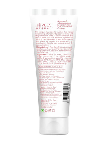 Jovees Herbal Anti Blemish Pigmentation Face Cream, 60 gms | All Skin Types | Paraben & Alcohol Free | Improves Skin Clarity & Reduces Discoloration